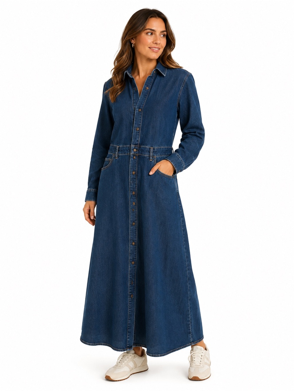 Joe Fresh Womenβs Denim Maxi Shirt Dress Size Large Button Front Stretch Jean Dr